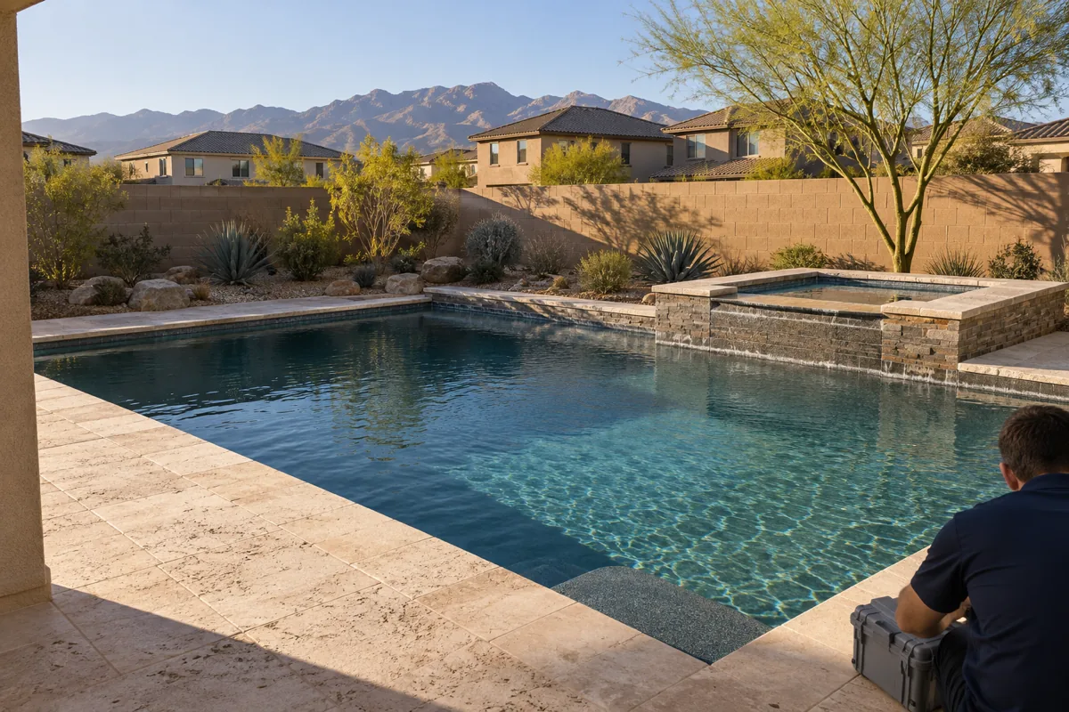 Backyard pool and raised spa with travertine coping and a tan block wall in late sun at a Las Vegas, NV home