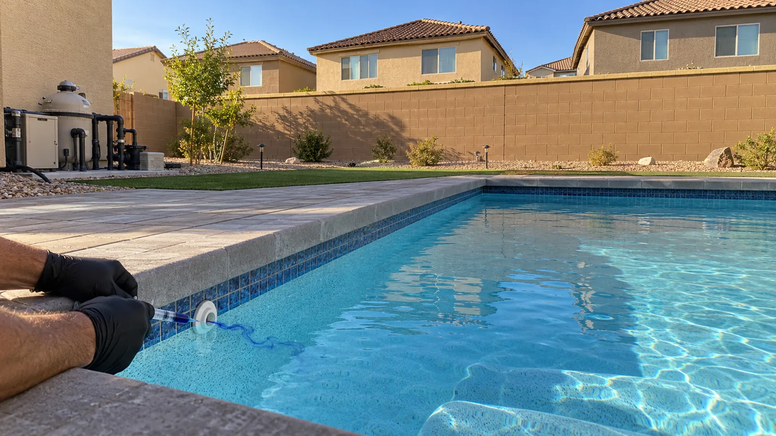 Hands checking a return fitting in an Enterprise, NV backyard pool, block wall and new two-storey homes behind