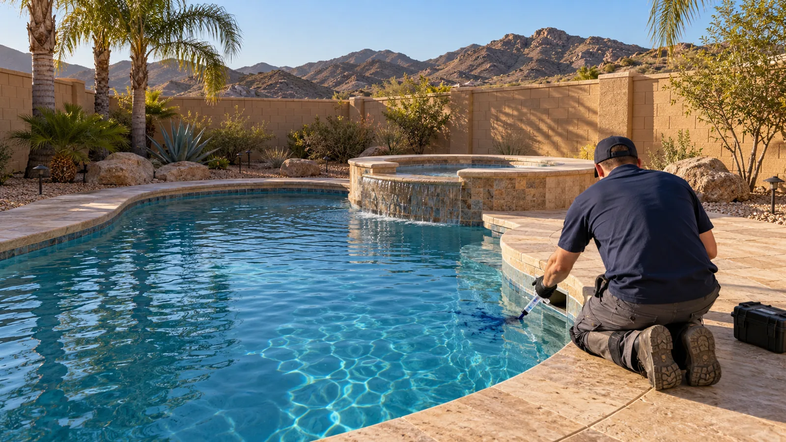Hands releasing test dye at a pool skimmer in a Henderson, NV backyard with block walls and brown foothills behind