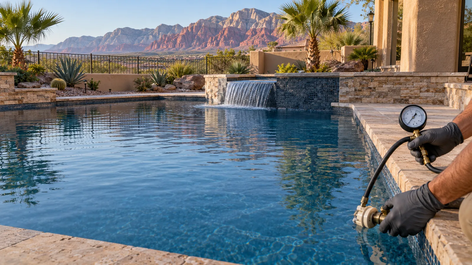 Pressure-test kit beside a Summerlin, NV backyard pool and spa, red sandstone mountains on the horizon at sunrise