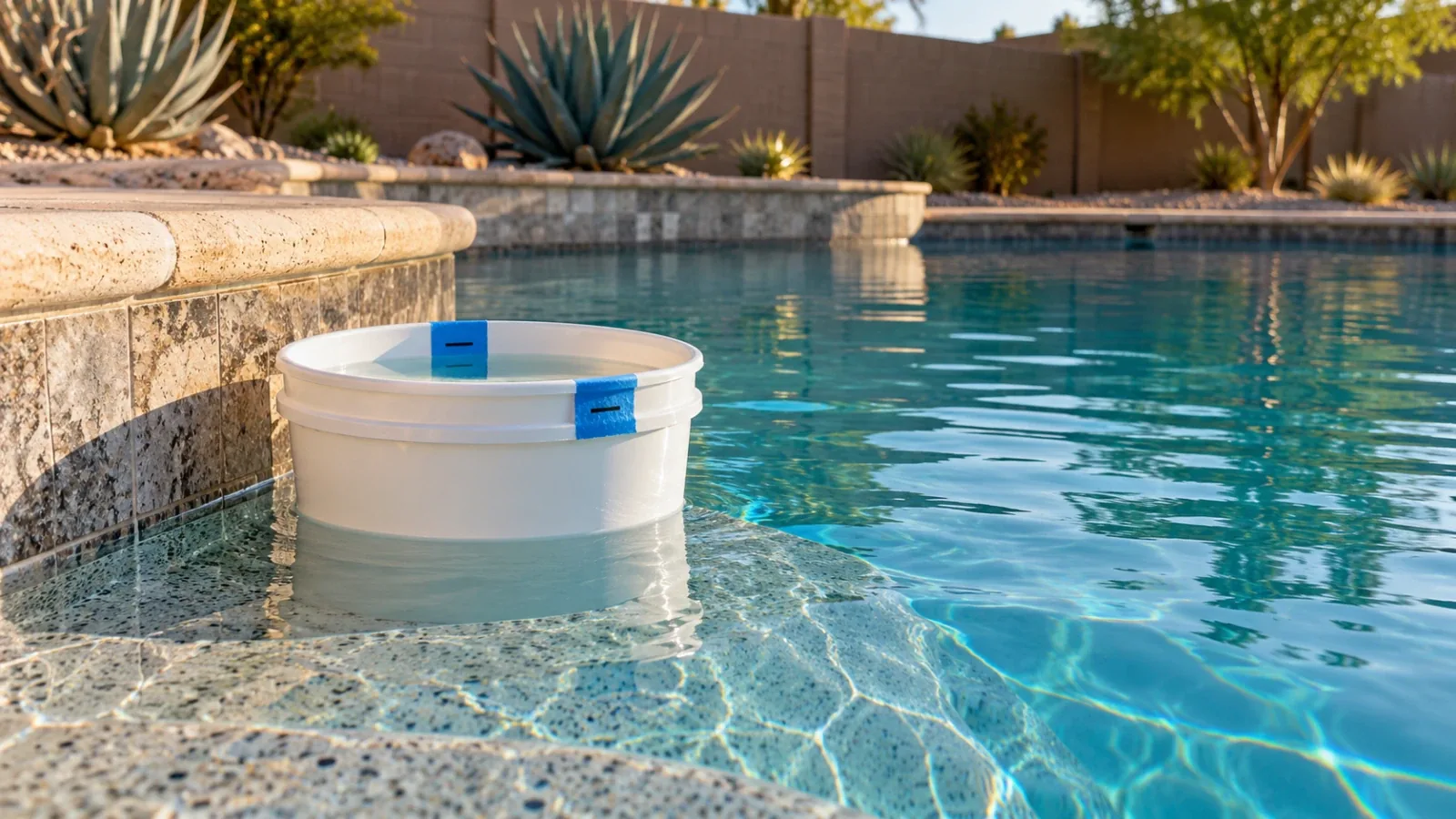 Bucket test on a pool step with water marks inside and outside to compare pool leak and evaporation in Las Vegas, NV