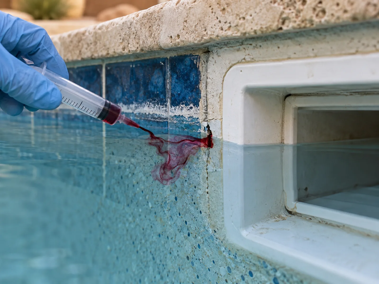 Dark dye drawn toward a crack at a pool skimmer throat during a pool leak dye test in Las Vegas, NV