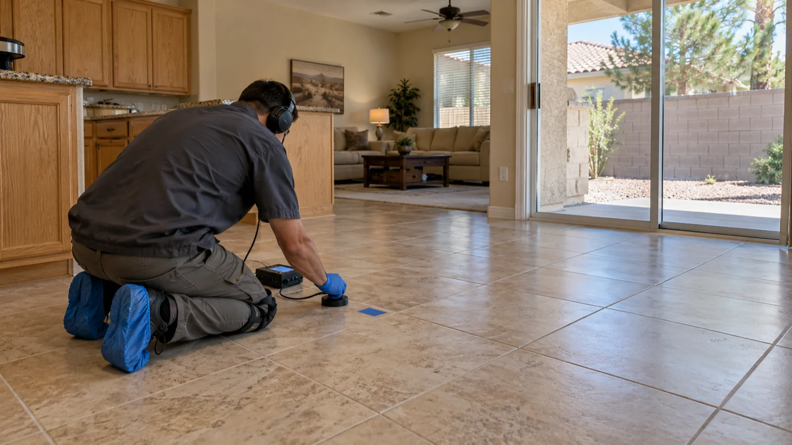 Technician listening through a ground microphone on a tile floor in a Henderson, NV home to pinpoint a slab leak