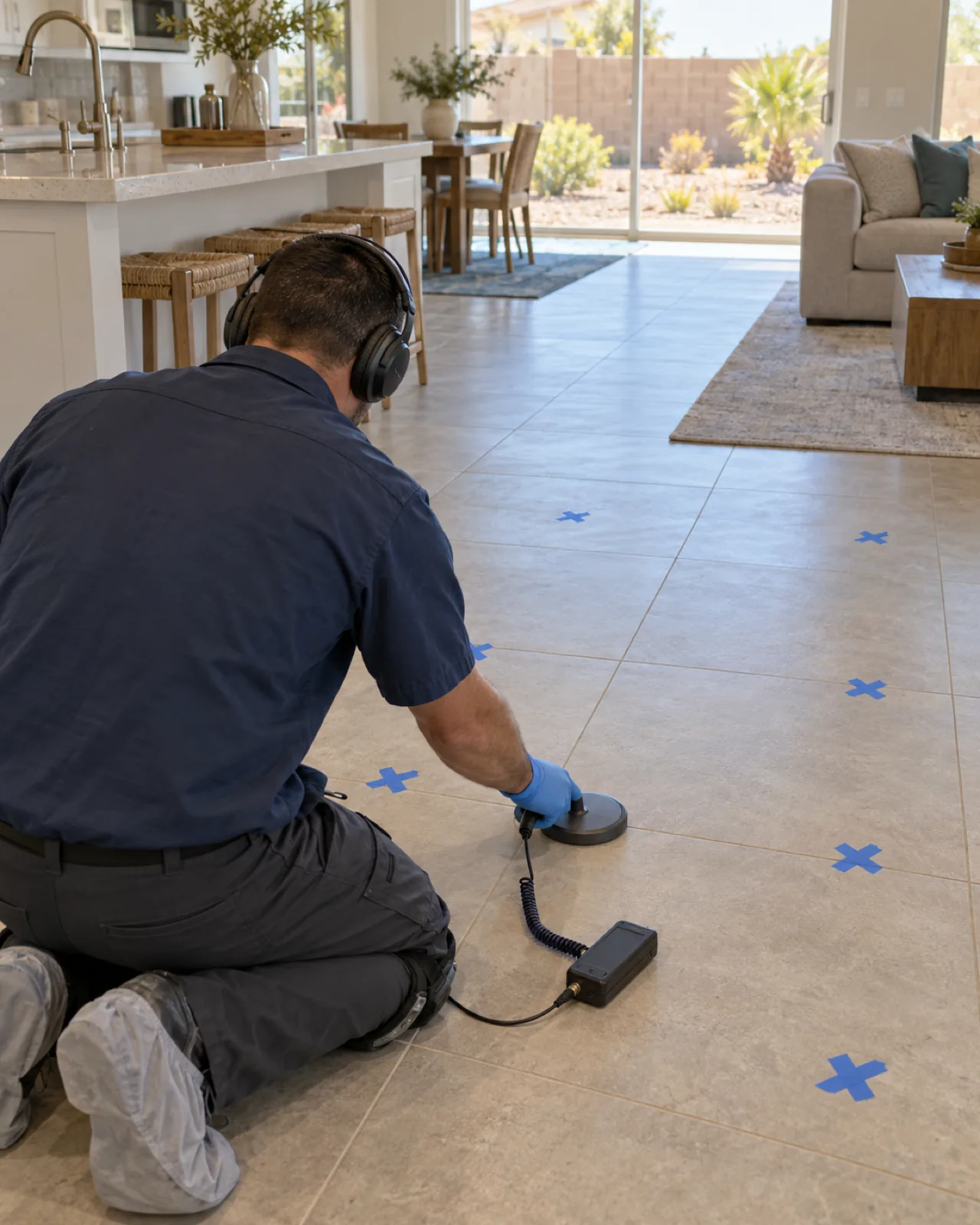 Technician using a ground microphone on a porcelain tile floor during slab leak detection in a Las Vegas, NV kitchen