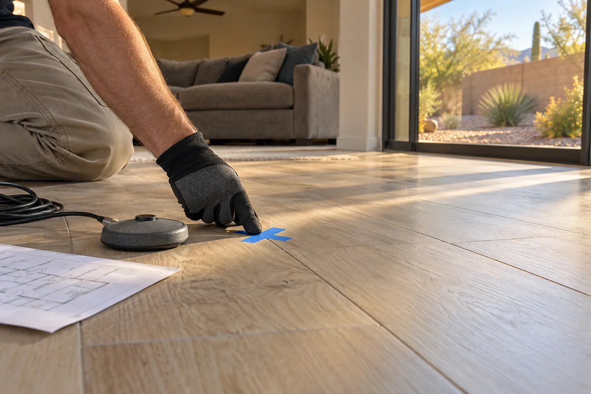 Gloved hand marking a wood-look plank tile floor with tape during slab leak detection in a Las Vegas, NV living room