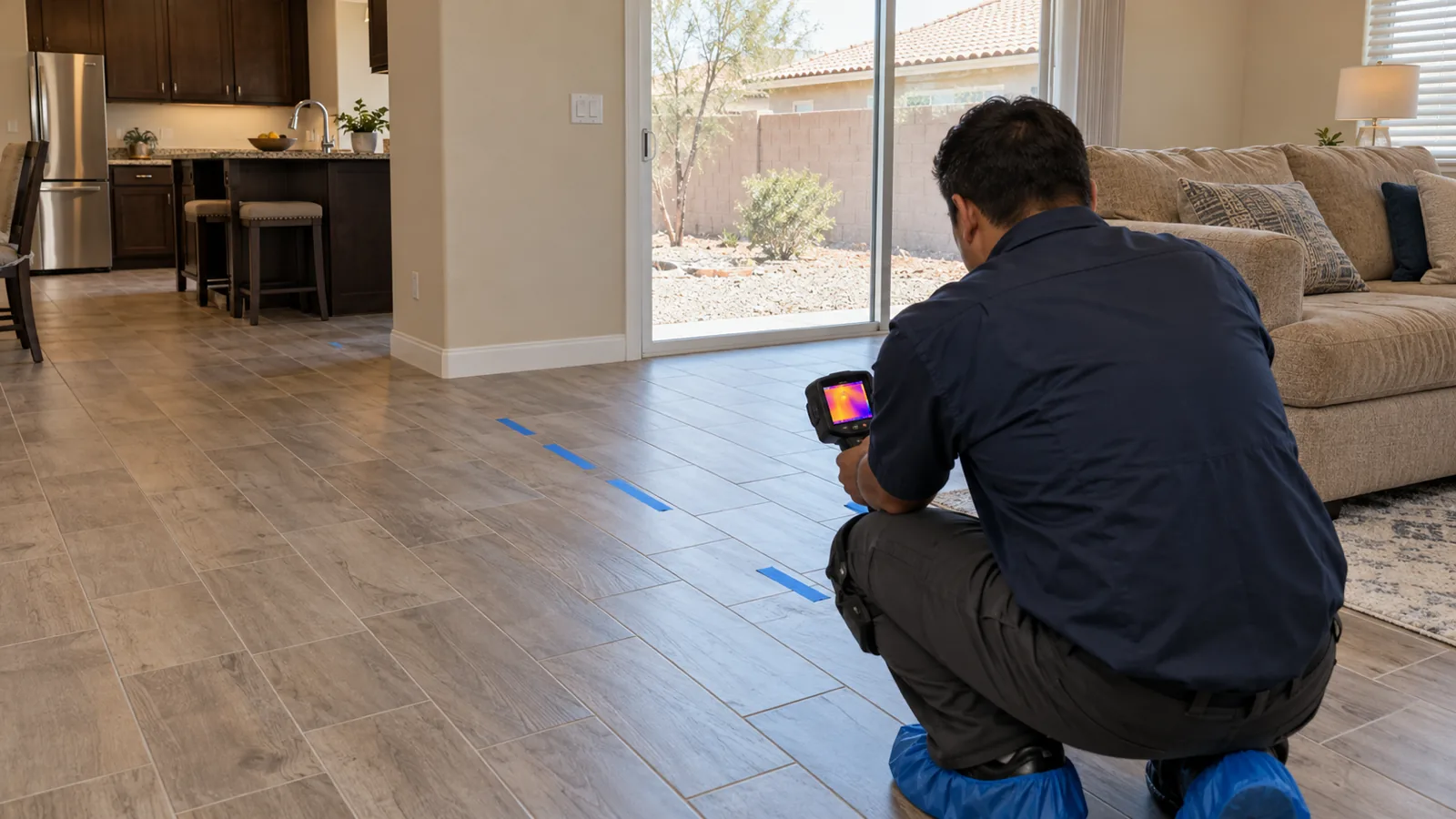 Technician scanning a plank-tile floor with a thermal camera in a North Las Vegas, NV home to trace a hot-line slab leak