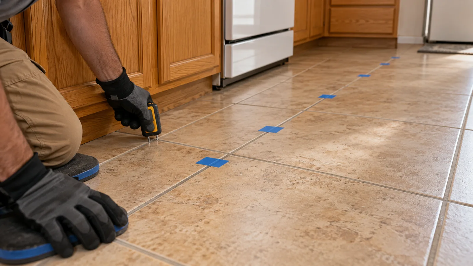 Moisture meter pressed to a tile grout line by a kitchen cabinet in a 1990s Spring Valley, NV home