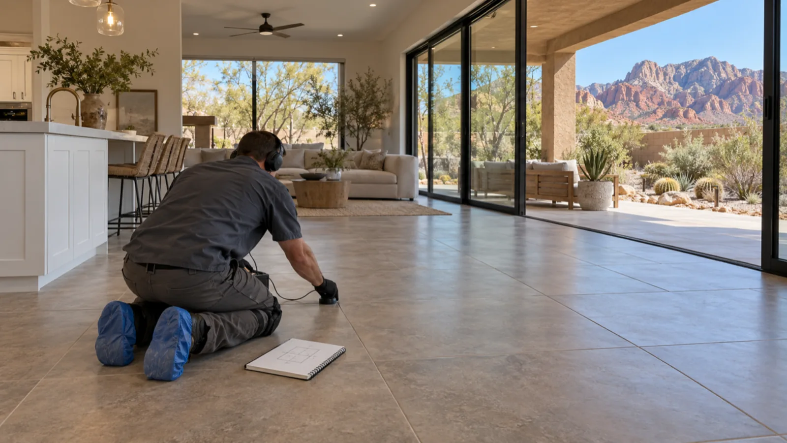 Technician on knees with an acoustic sensor on a large porcelain floor in a Summerlin, NV home, mountains through glass