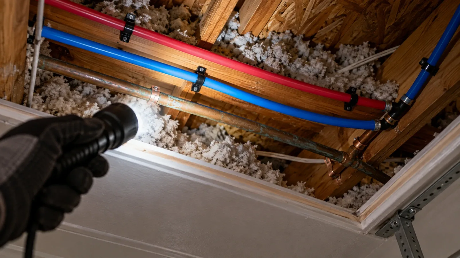 PEX and copper lines above a garage ceiling hatch, explaining slab leak reroute vs repipe in Las Vegas, NV