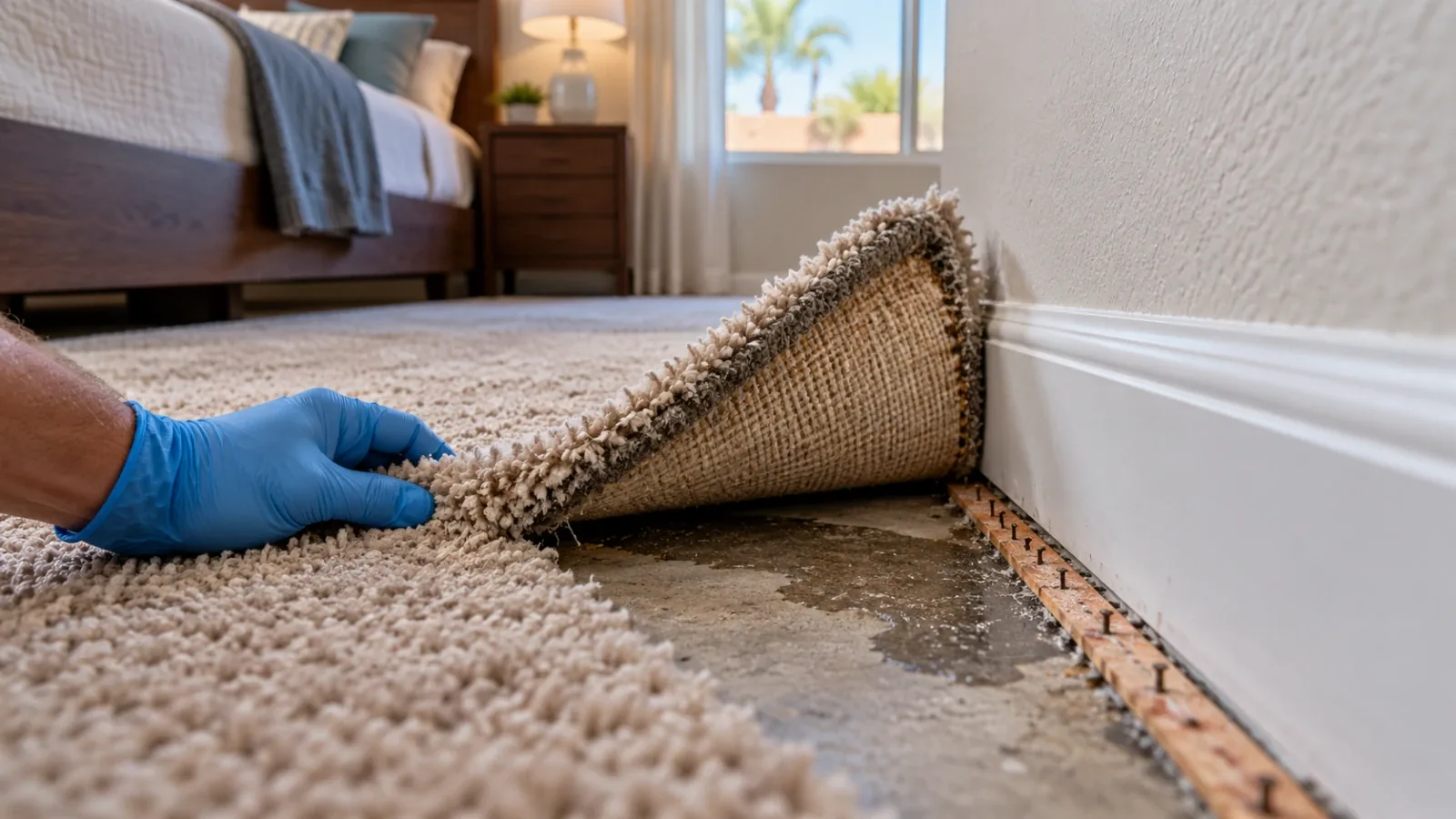Damp darkened carpet edge beside a baseboard on a slab floor, a slab leak sign in a Las Vegas, NV bedroom