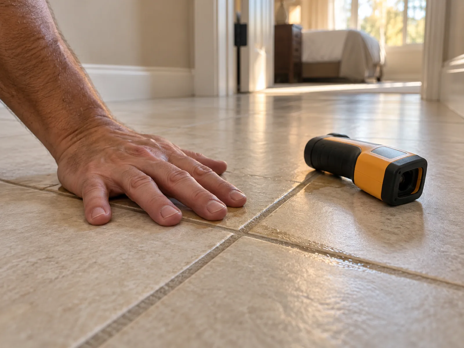 Bare hand feeling a warm spot on a porcelain tile floor, a common slab leak sign in Las Vegas, NV homes