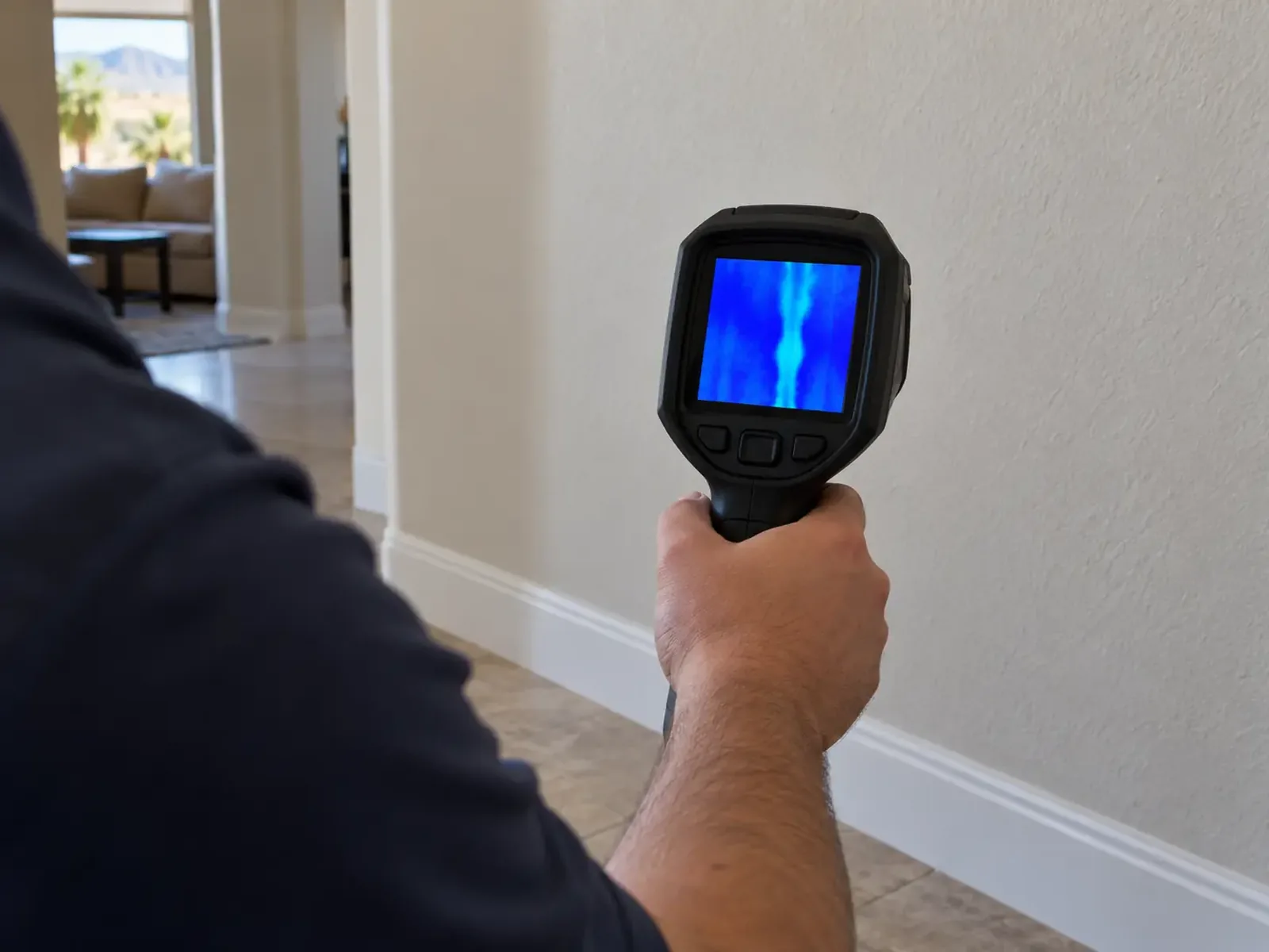 Thermal camera screen showing a cool blue streak on a drywall wall where a hidden pipe is leaking in a Las Vegas, NV home