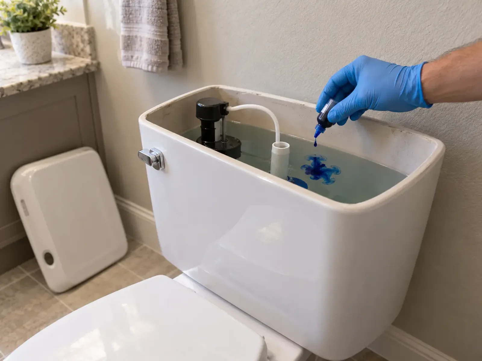 Toilet tank with the lid off and blue dye added to test for a leaking flapper in a Las Vegas, NV bathroom