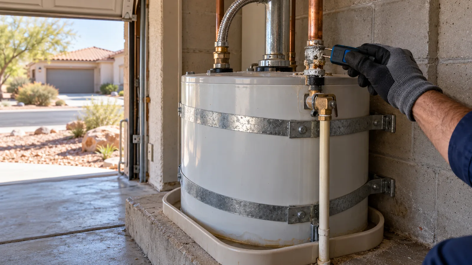 Gloved hand testing a damp fitting on a strapped tank water heater in a Henderson, NV garage, drain pan below
