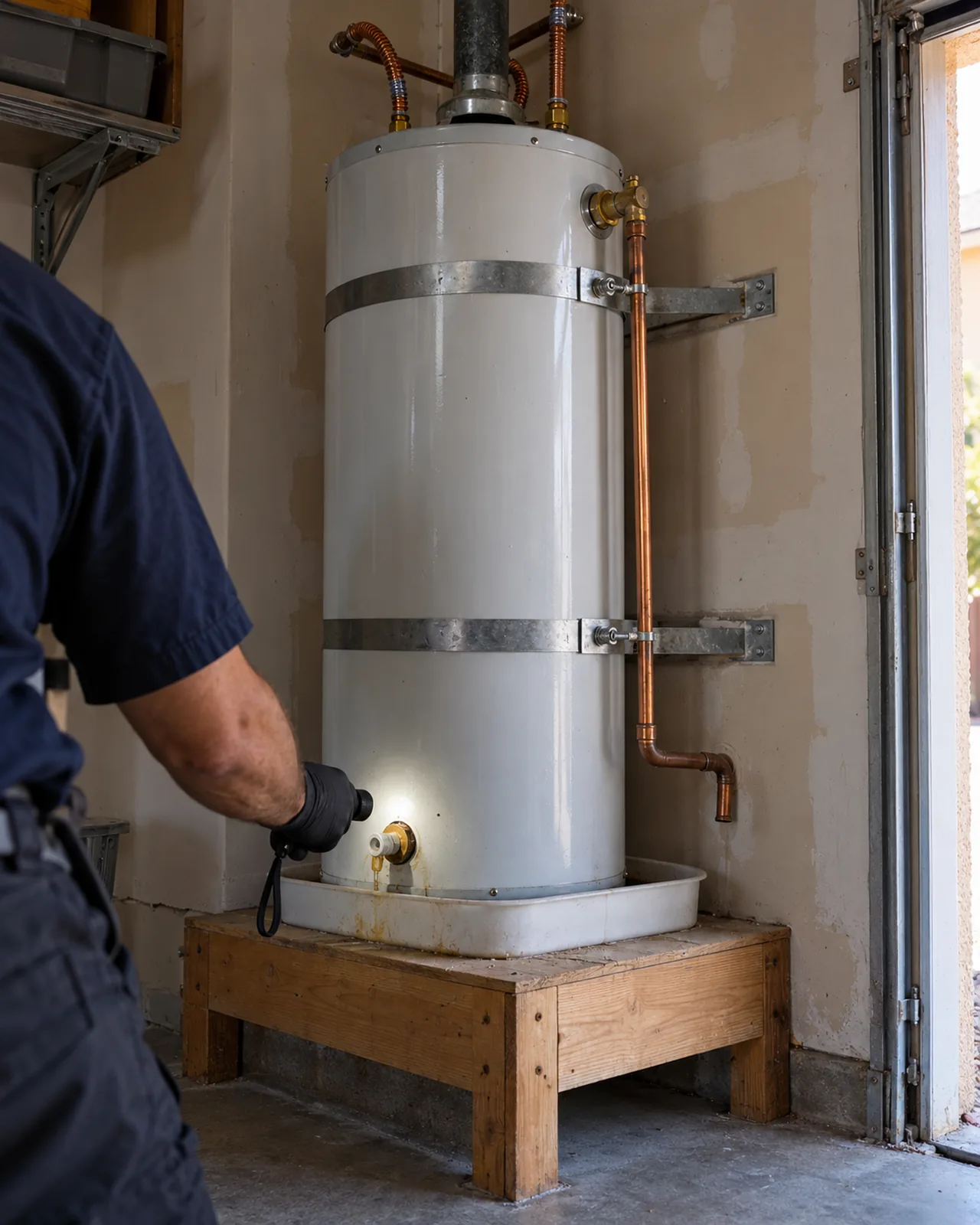 Garage water heater on a raised platform with seismic straps and relief valve discharge pipe in a Las Vegas, NV home