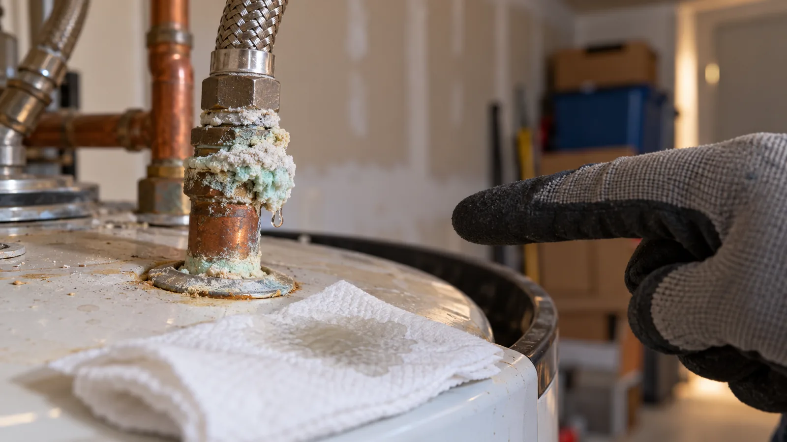 Close look at a white mineral-crusted water heater fitting with a drip forming, in a North Las Vegas, NV garage