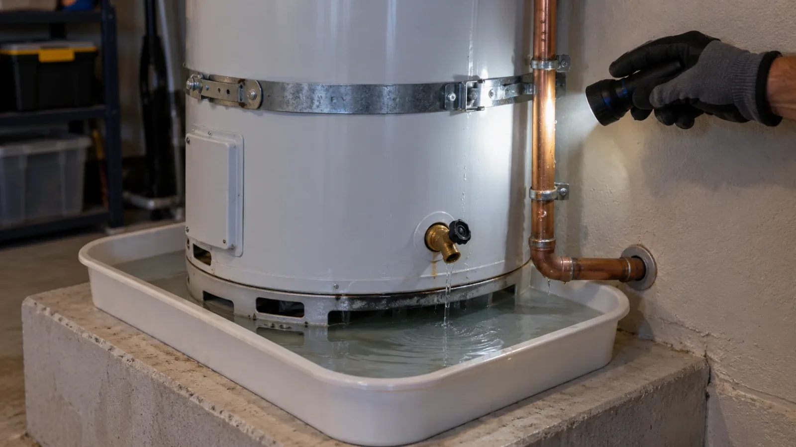 Wet drain pan under a garage tank water heater with a gloved hand tracing the relief valve line in Las Vegas, NV