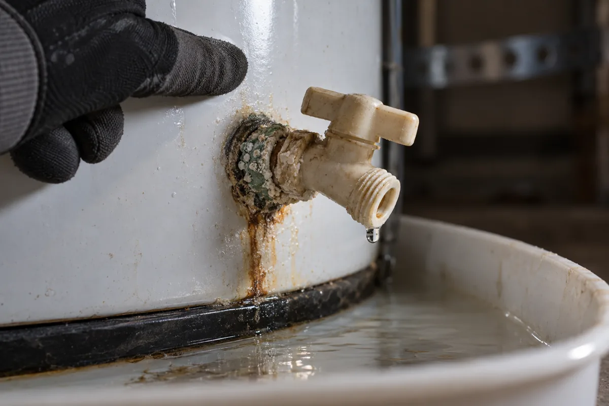 Damp drain valve and white mineral crust at the base of a tank water heater in a Las Vegas, NV garage
