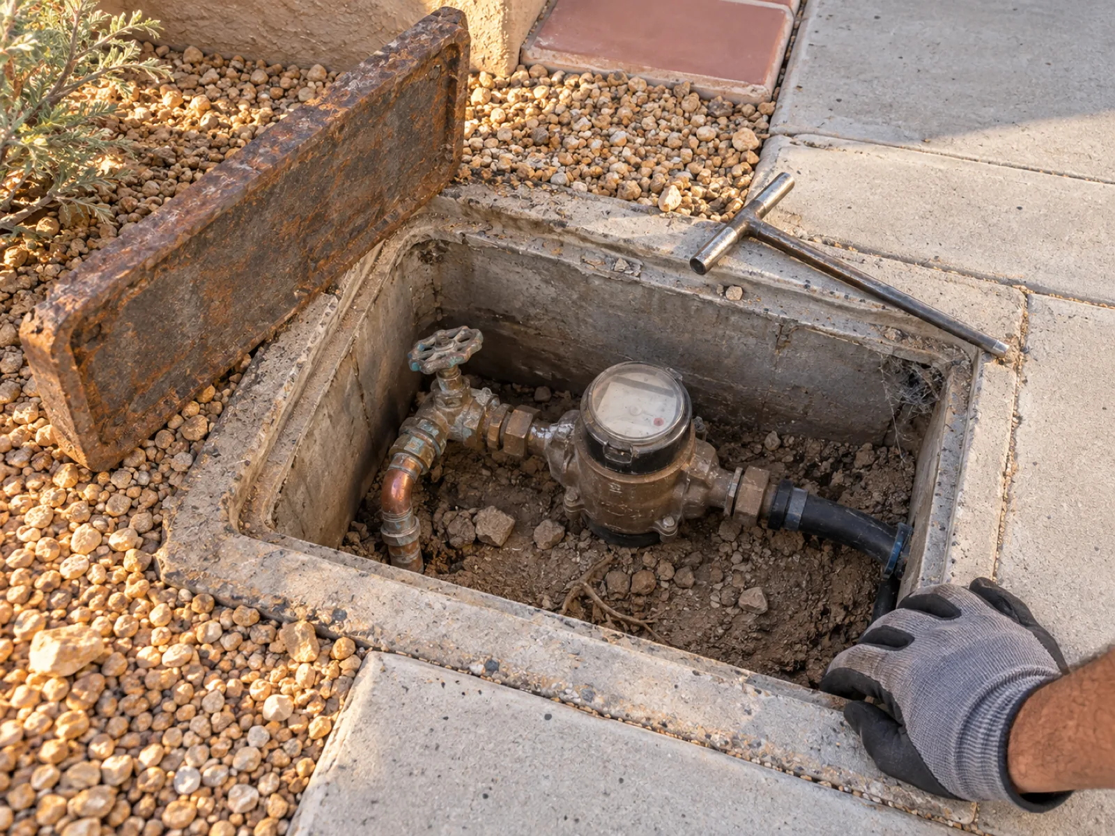 Open curbside water meter box with the cast lid set aside in a gravel strip beside a Las Vegas, NV sidewalk